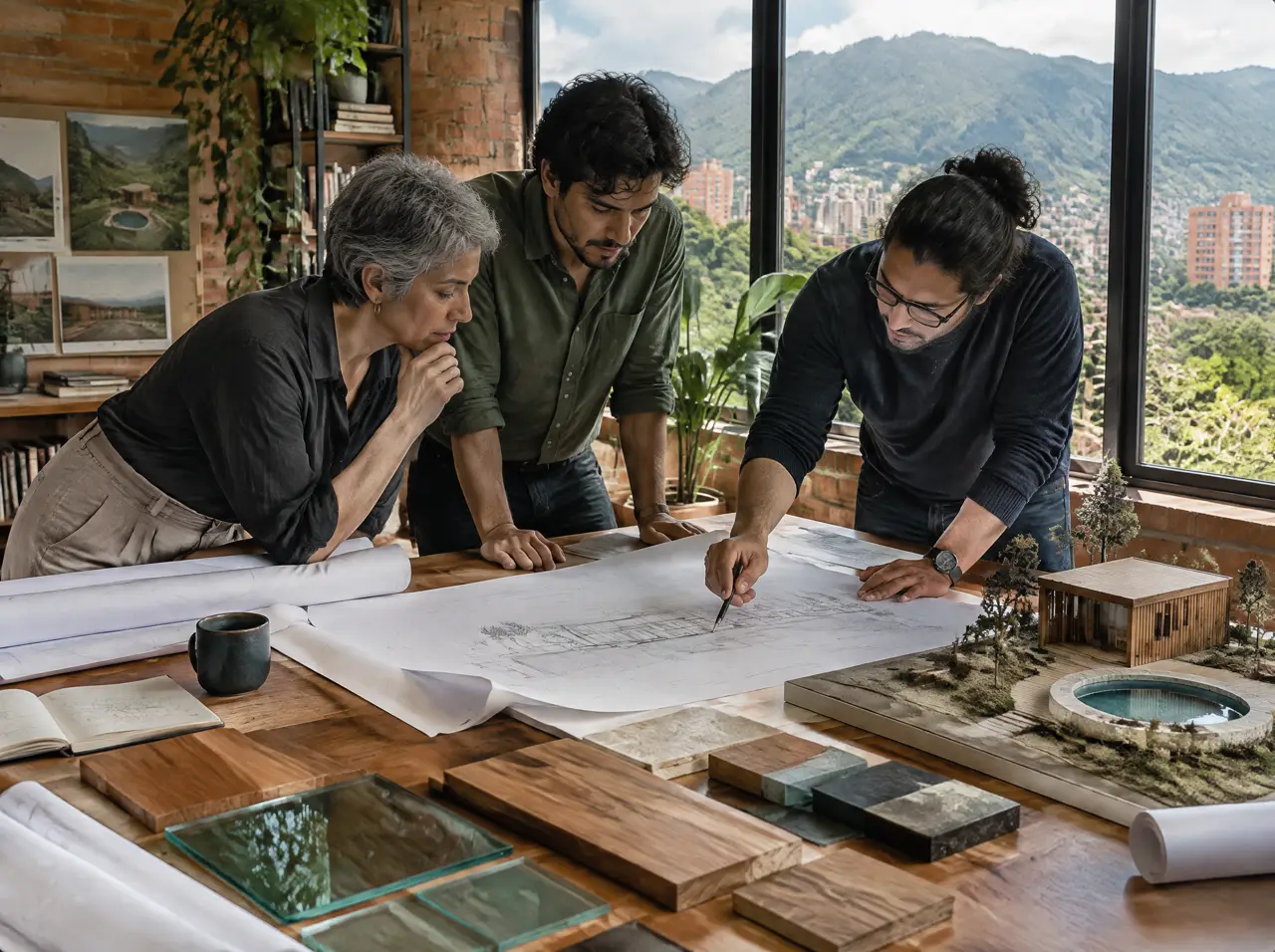 Estudio de arquitectura en Bogotá con muros de ladrillo: tres personas revisan planos, muestras de madera y vidrio y una maqueta de sauna y piscina redonda