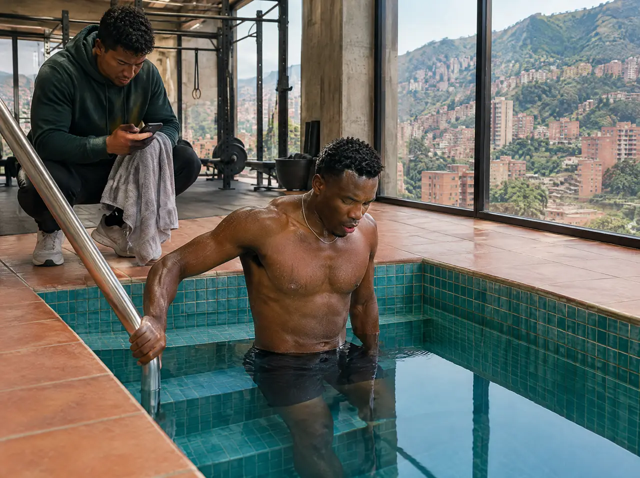 Atleta entrando a la piscina fría por los escalones mientras un compañero espera con una toalla y cronometra en el celular