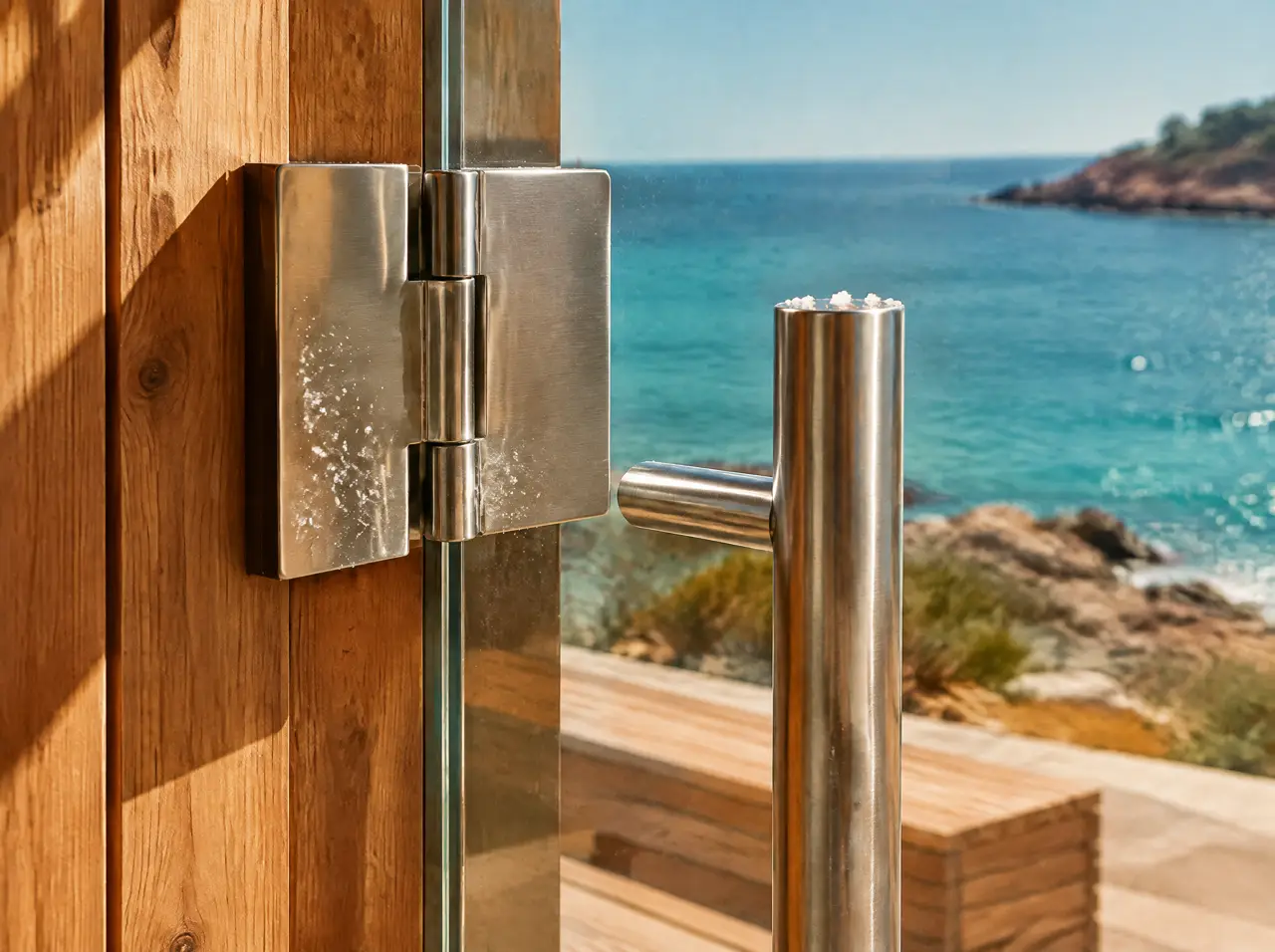 Detalle de una bisagra y una manija de acero inoxidable cepillado en una puerta de vidrio de sauna, con madera color miel y el mar turquesa desenfocado