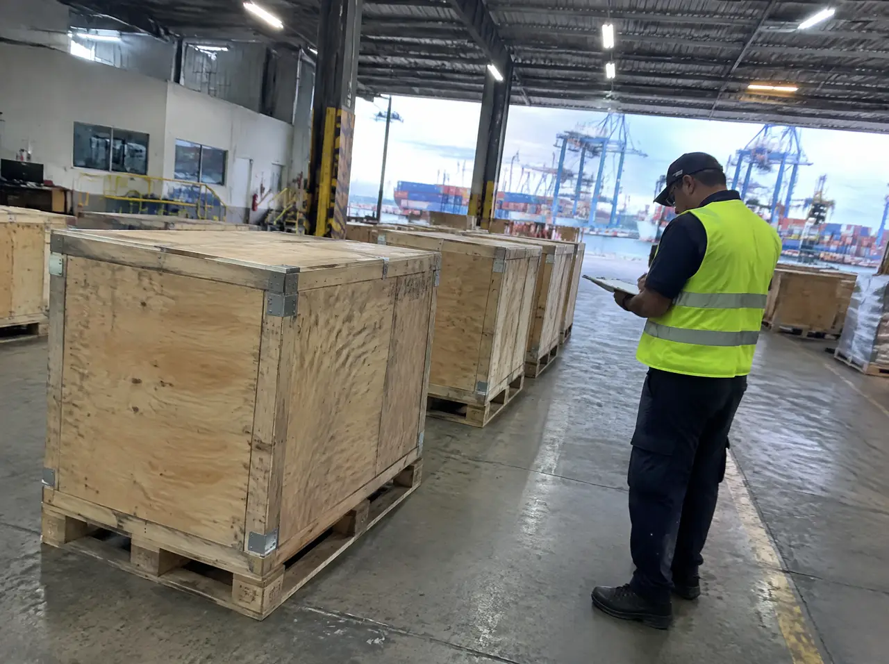 Cajas de madera sobre tarimas en una bodega de aduana del puerto de Cartagena, con un inspector de chaleco reflectante que revisa unos documentos