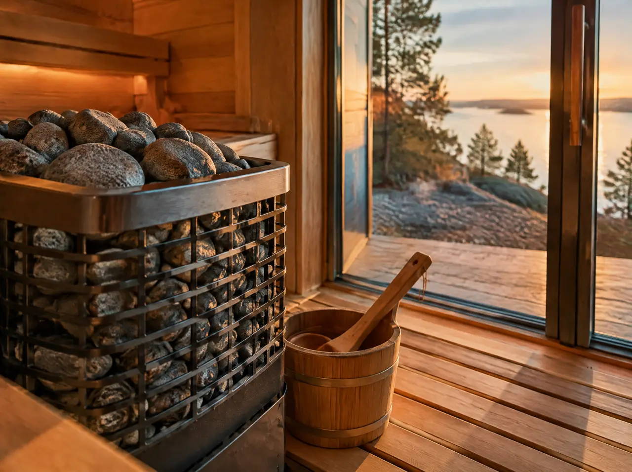 Calentador eléctrico de sauna con piedras redondeadas, cubo y cucharón de madera sobre un piso de listones, con una puerta de vidrio al fondo