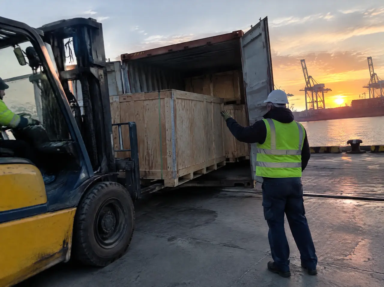 Cajas de madera cargadas a un contenedor en un muelle al amanecer con grúas al fondo