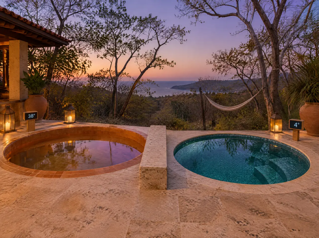 Dos piscinas redondas a ras de una terraza de travertino, la de la izquierda con azulejo terracota y panel de 38 grados y la de la derecha con mosaico turquesa y panel de 4 grados