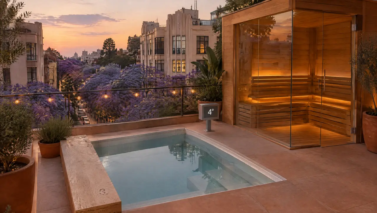 Azotea en la colonia Roma Norte al anochecer con una piscina fría cuadrada, un sauna de vidrio en esquina y jacarandas en flor en la calle