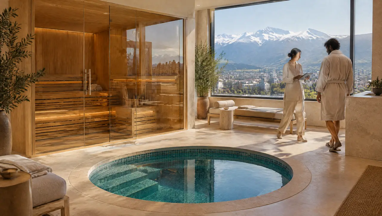 Sala de una clínica en Vitacura con sauna de vidrio, piscina fría redonda en el piso, ventanal a los Andes nevados y una persona del equipo con una tableta