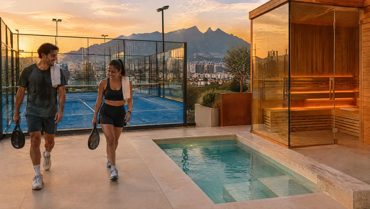 Terraza de un club de pádel en San Pedro Garza García con piscina fría cuadrada y sauna de vidrio, la pista de vidrio detrás y el Cerro de la Silla al fondo