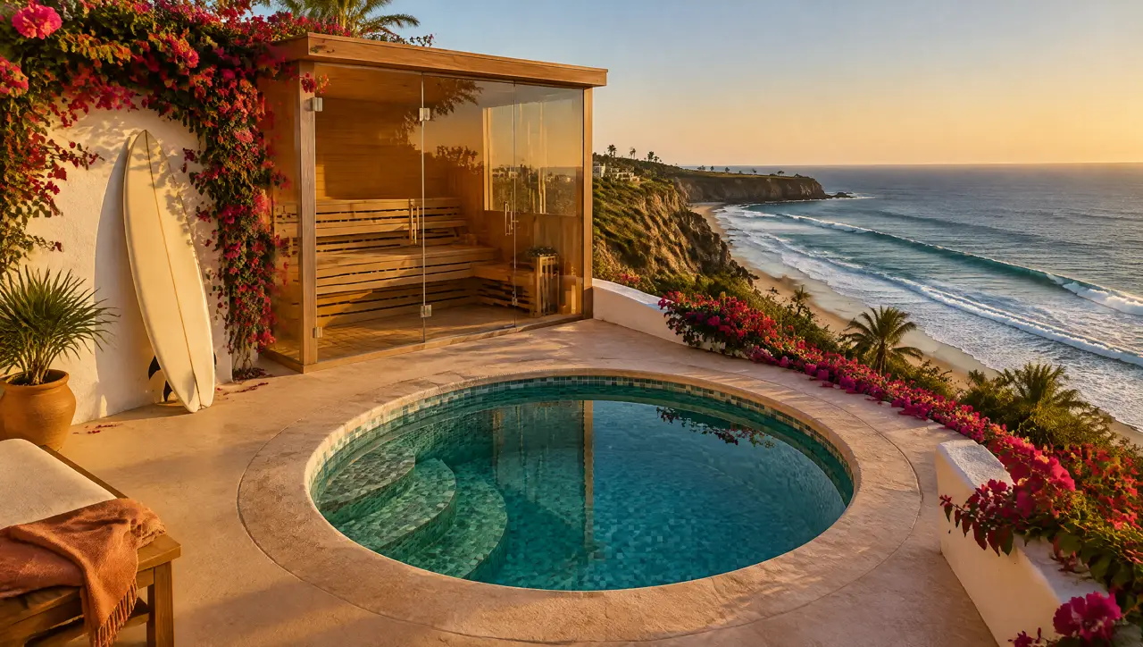 Terraza de una villa en un acantilado de Puerto Escondido al atardecer: sauna con frente de vidrio, piscina fría redonda de mosaico y el Pacífico al fondo