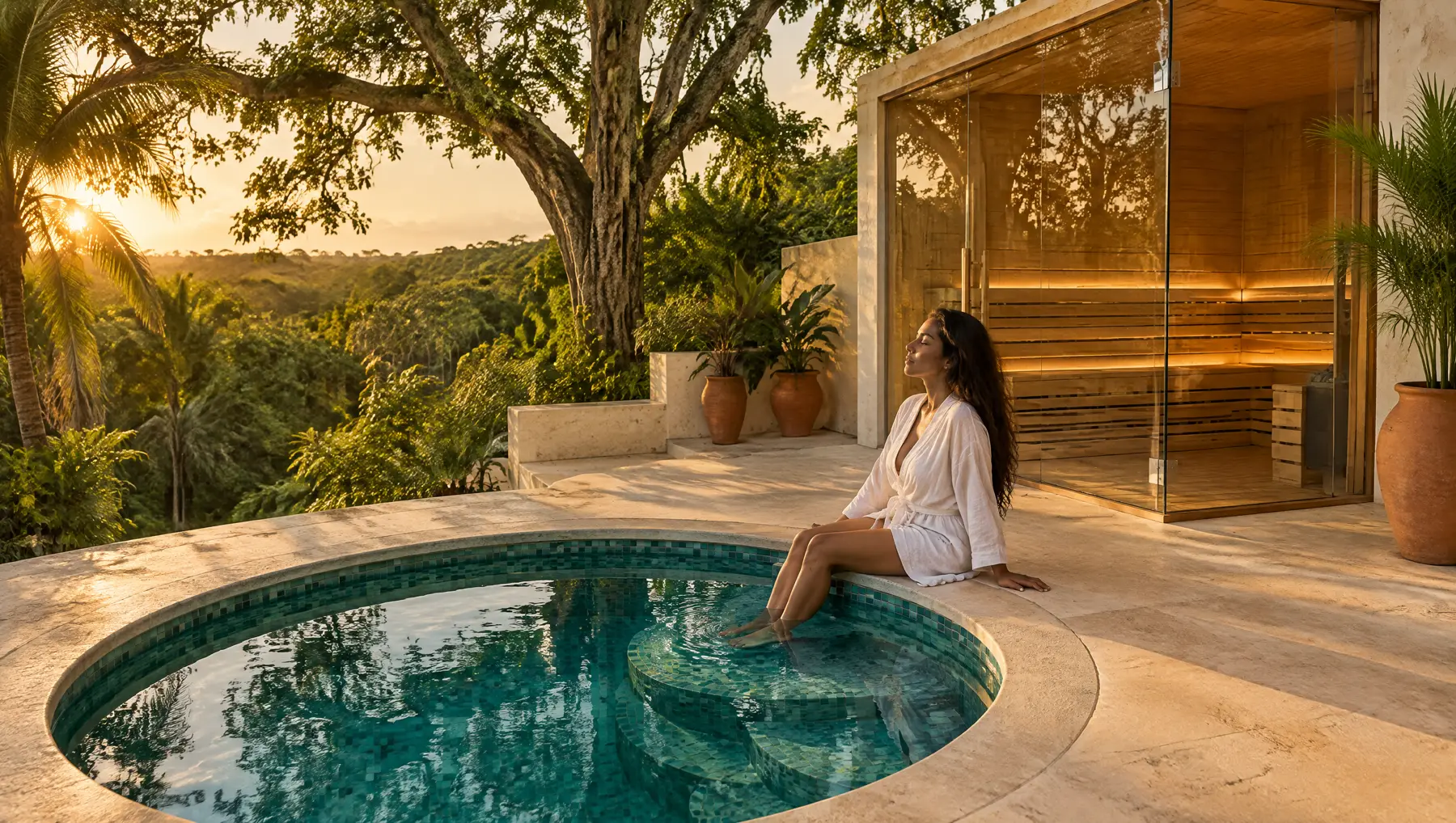 Terraza de un lodge cerca de Tulum con un sauna de vidrio de dos paredes en esquina y una piscina fría redonda de mosaico turquesa, con una mujer sentada al borde con los pies en el agua