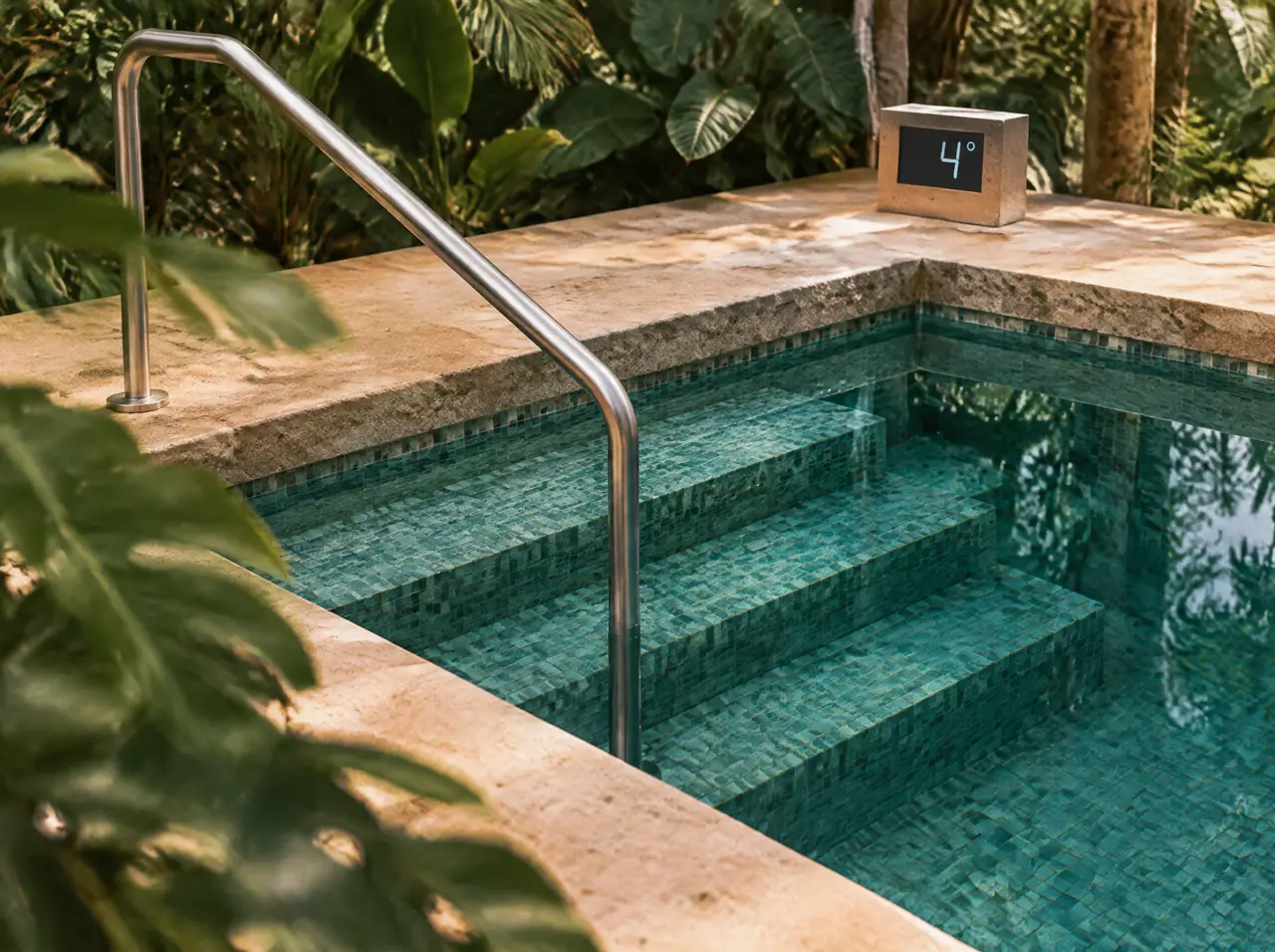 Escalones sumergidos de una piscina fría con barandal de acero inoxidable y un panel que marca 4 grados