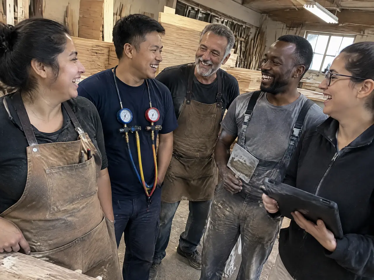 Cinco personas de un taller de carpintería, refrigeración y obra posando entre tablas apiladas, riéndose de un chiste