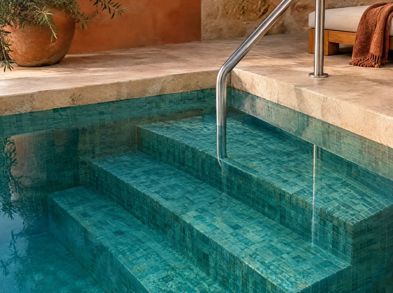 Tres escalones de mosaico turquesa bajo el agua y un barandal de acero inoxidable cepillado junto a un borde de piedra color arena