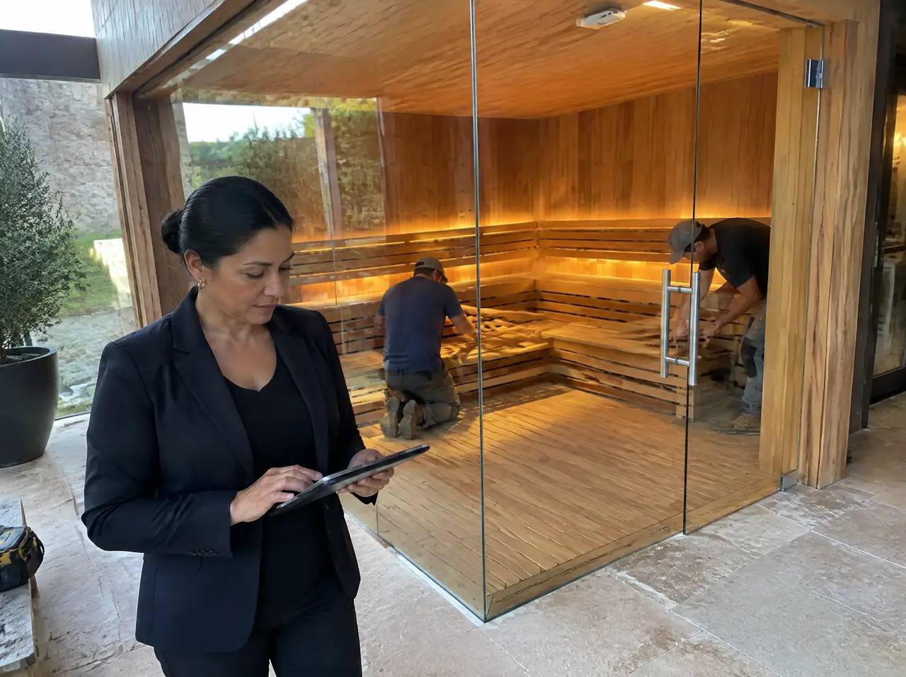 Gerente de hotel con una tableta junto a un sauna panorámico de dos paredes de vidrio en esquina, durante la preapertura, con dos operarios colocando una banca