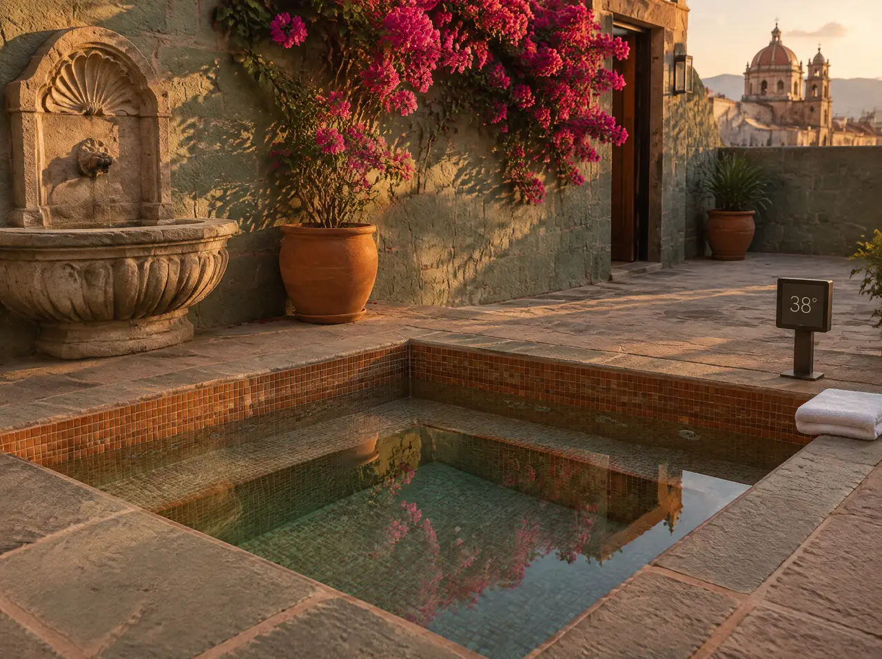 Hidromasaje empotrado de mosaico terracota en el patio de piedra de un hotel boutique de Oaxaca, con repisa sumergida y un panel que marca 38 grados