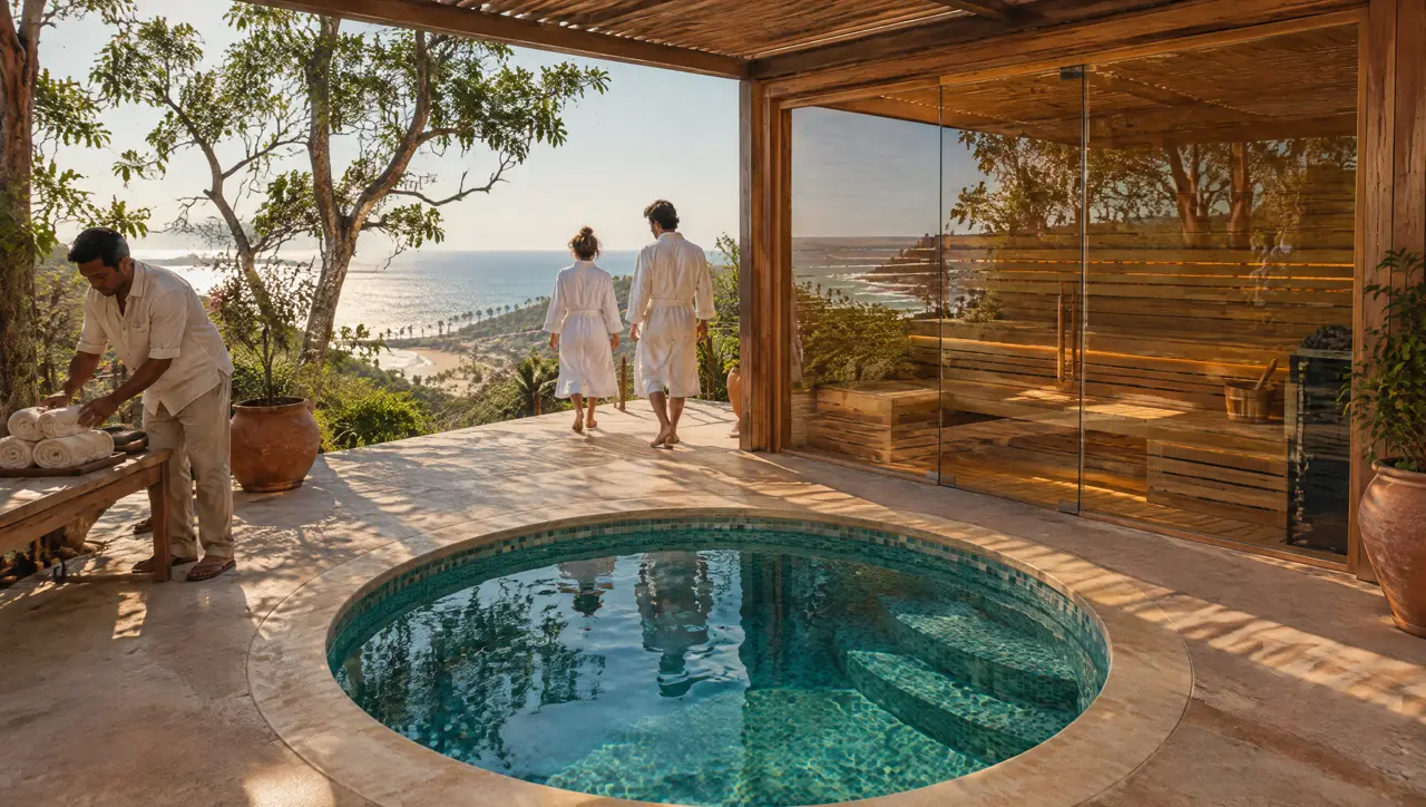 Deck de un lodge con piscina fría redonda y sauna de vidrio bajo una pérgola, con una pareja en batas caminando