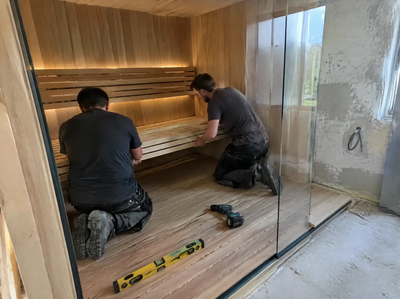 Dos instaladores colocando una banca de madera dentro de una cabina de sauna ya con el vidrio puesto
