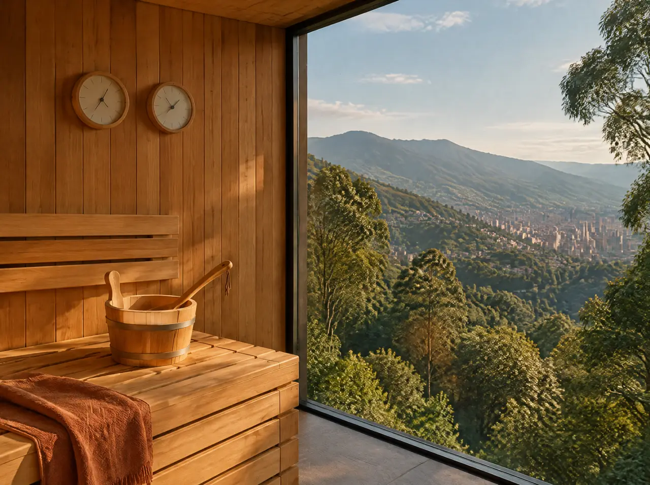 Interior de un sauna de madera dorada con termómetro e higrómetro análogos, cubo y cucharón de madera y una pared de vidrio hacia los cerros verdes de Bogotá