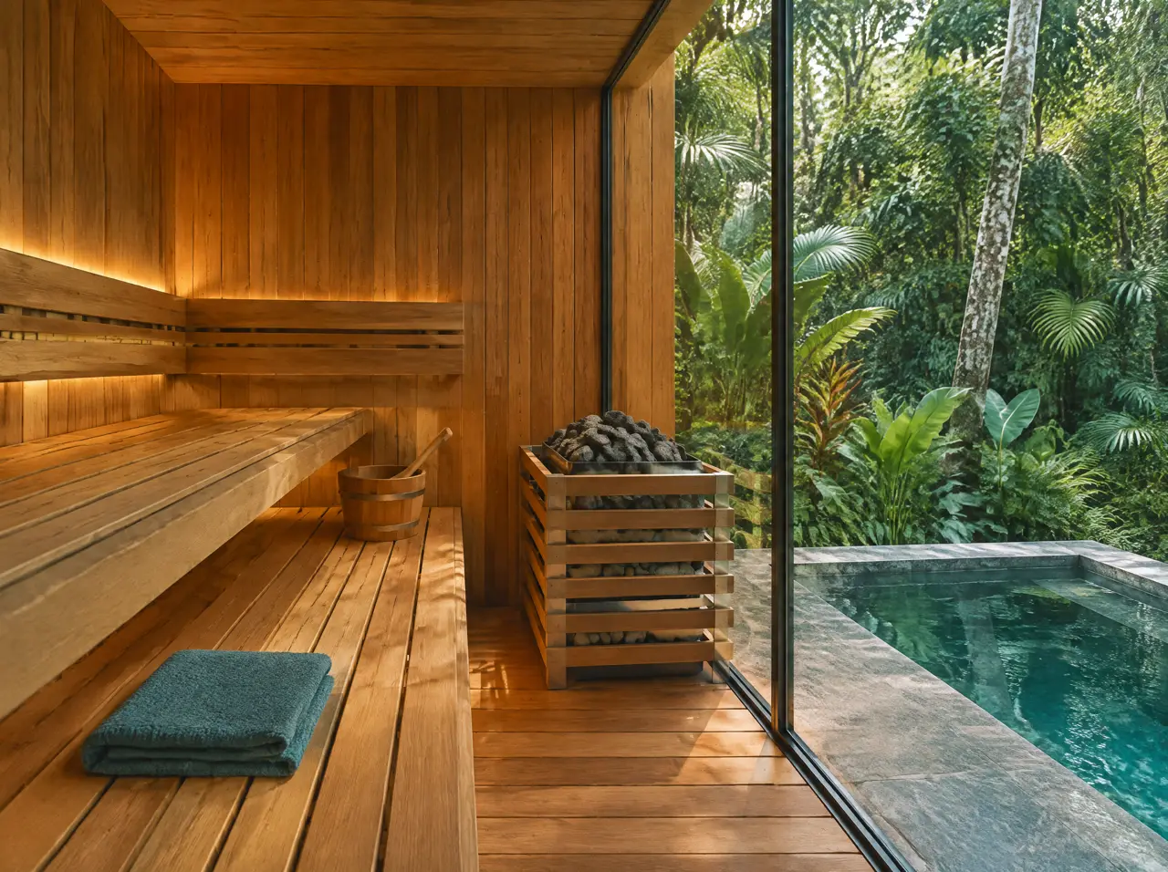 Interior del sauna del lodge, con bancas de madera en dos niveles, calentador con piedras y una pared de vidrio hacia la selva y la piscina fría