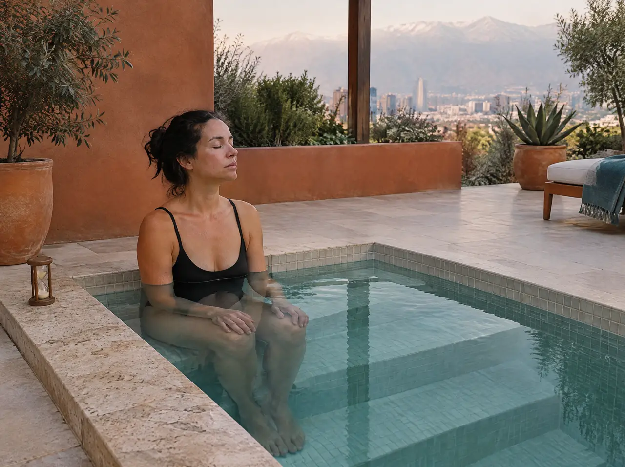 Mujer en traje de baño negro sentada en el borde-asiento de una piscina fría cuadrada, con el agua al pecho, los ojos cerrados y un reloj de arena en la piedra