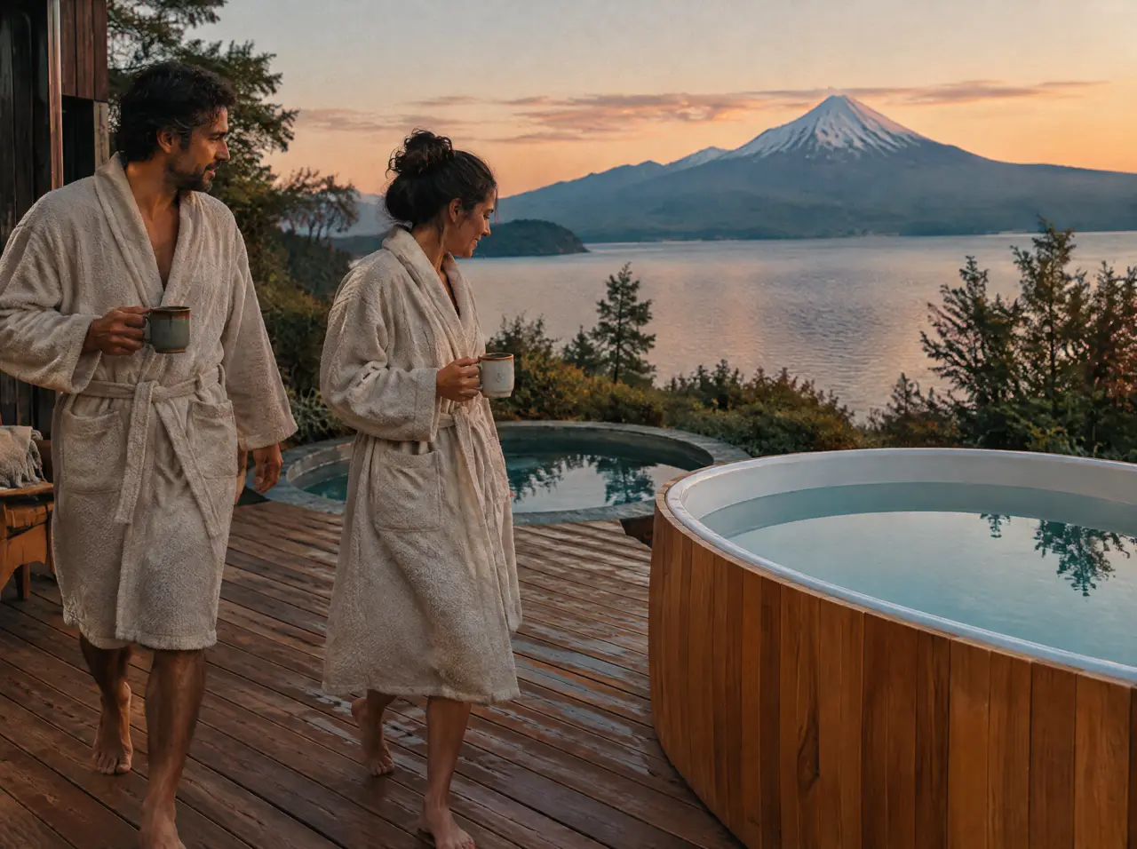 Pareja con batas de lana y tazas caminando por el deck hacia la tina de madera al atardecer, con el lago y el volcán al fondo