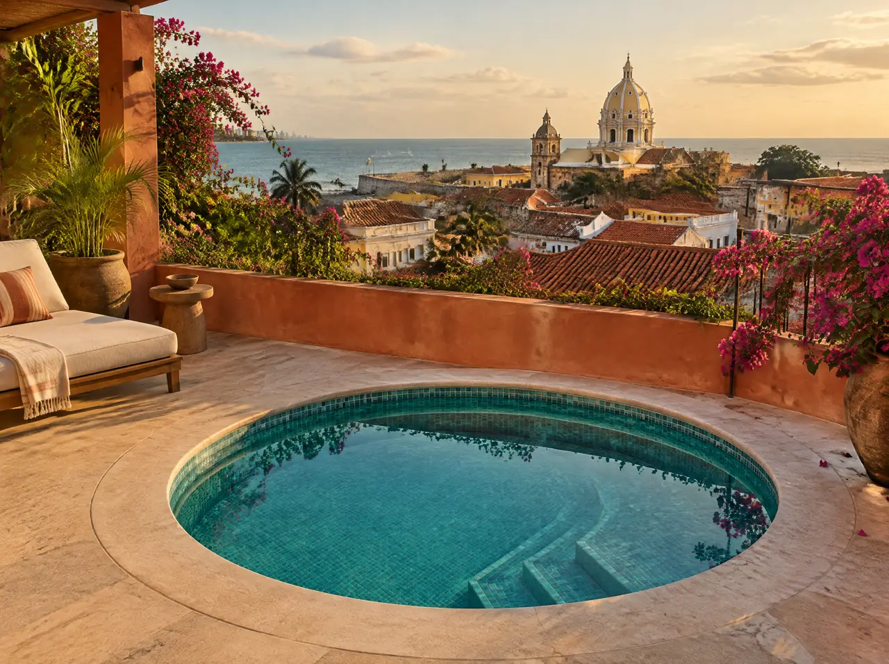 Piscina fría redonda de mosaico turquesa en la cubierta de un hotel boutique del centro amurallado de Cartagena de Indias, con techos de teja, una cúpula y buganvilias