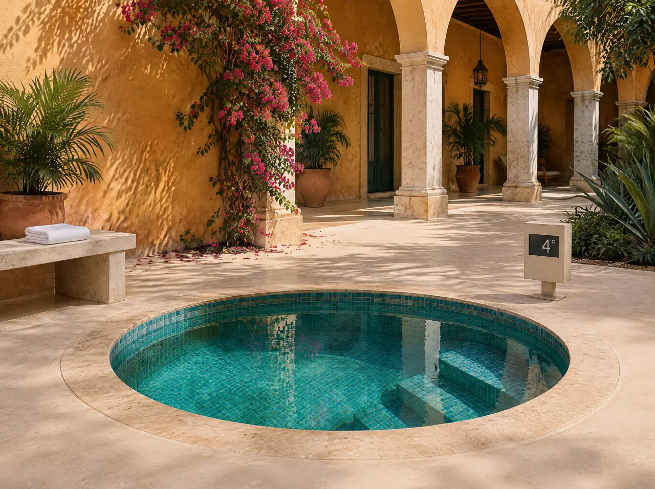 Piscina fría redonda de mosaico turquesa a ras del piso en un patio de hacienda, con un panel que marca 4 grados