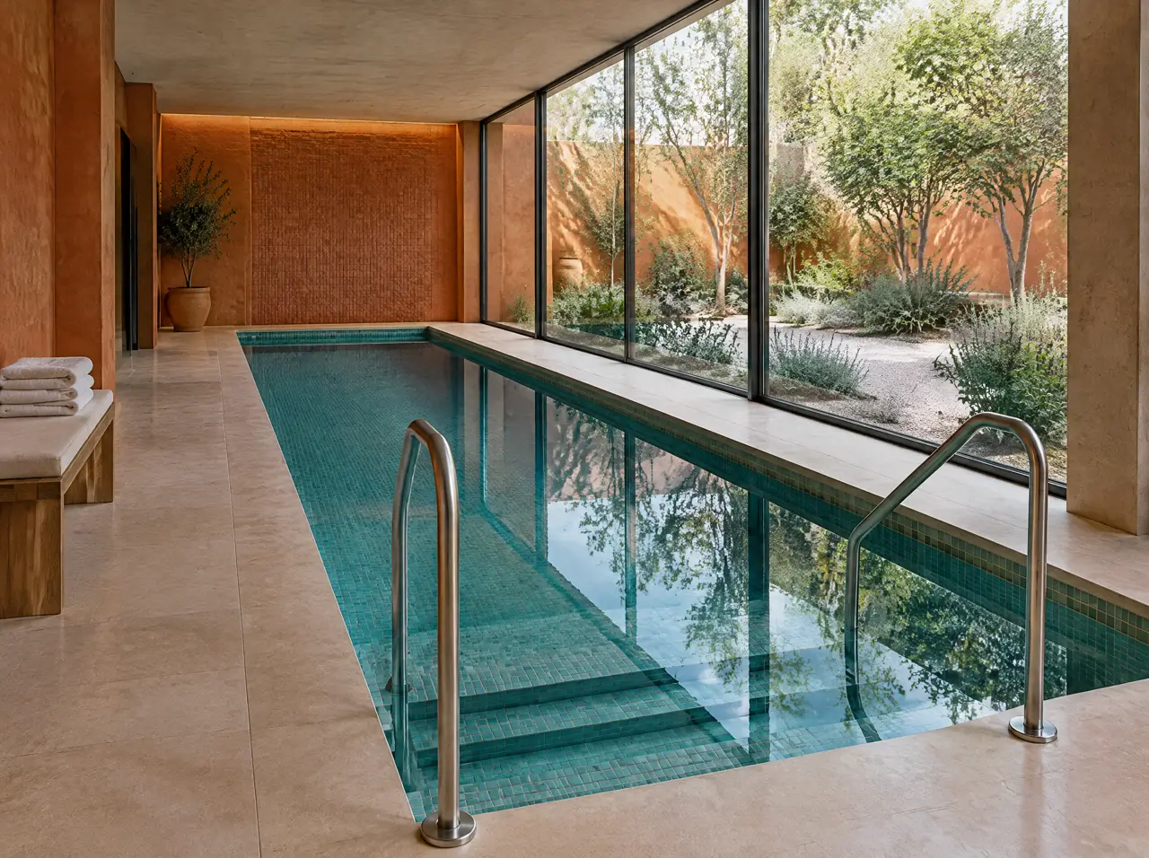 Piscina fría colectiva en un spa de Santiago: estanque largo de mosaico turquesa con dos pasamanos de acero, escalones anchos y un muro de vidrio hacia un patio