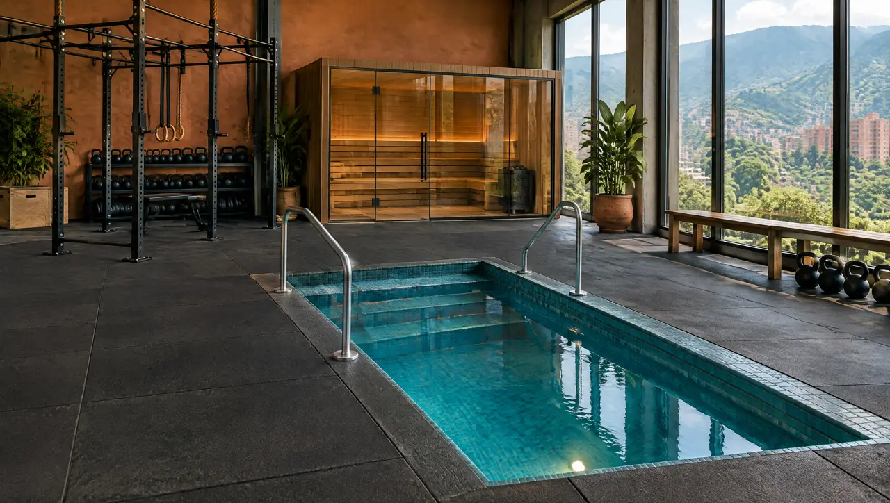Box de CrossFit en Envigado con una piscina fría rectangular hundida en el piso de goma, barandales de acero y una cabina de sauna de vidrio al fondo frente a ventanales con vista a los cerros