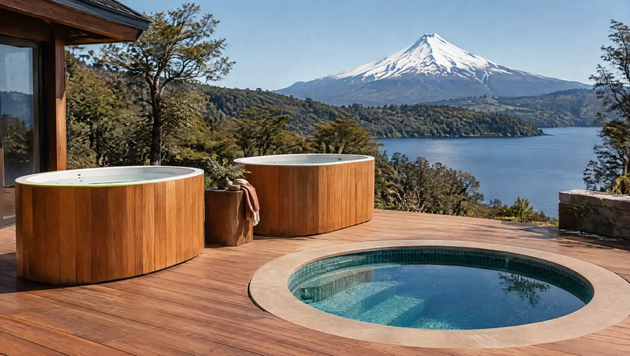 Deck de madera de una casa junto al lago Villarrica con dos tinas ovaladas de madera con liner blanco, una piscina fría redonda y el volcán nevado al fondo