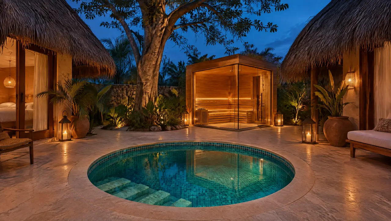 Patio de un lodge cerca de Tulum al anochecer, con casitas de palma, una piscina fría redonda de mosaico y una cabina de sauna de vidrio iluminada al fondo