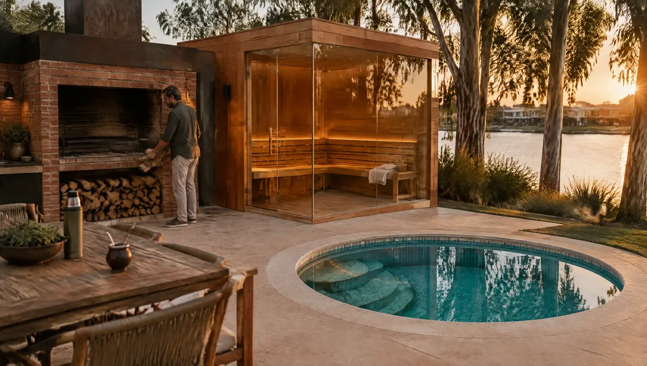 Quincho de una casa en Nordelta al atardecer: parrilla de ladrillo con leña, mate sobre la mesa, sauna de vidrio y pileta fría redonda junto a una laguna