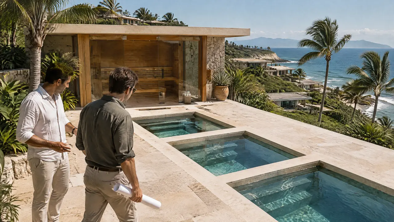Pabellón de un resort en Punta Mita con tres piscinas frías cuadradas de borde de travertino frente a un sauna de vidrio, y dos personas revisando un plano