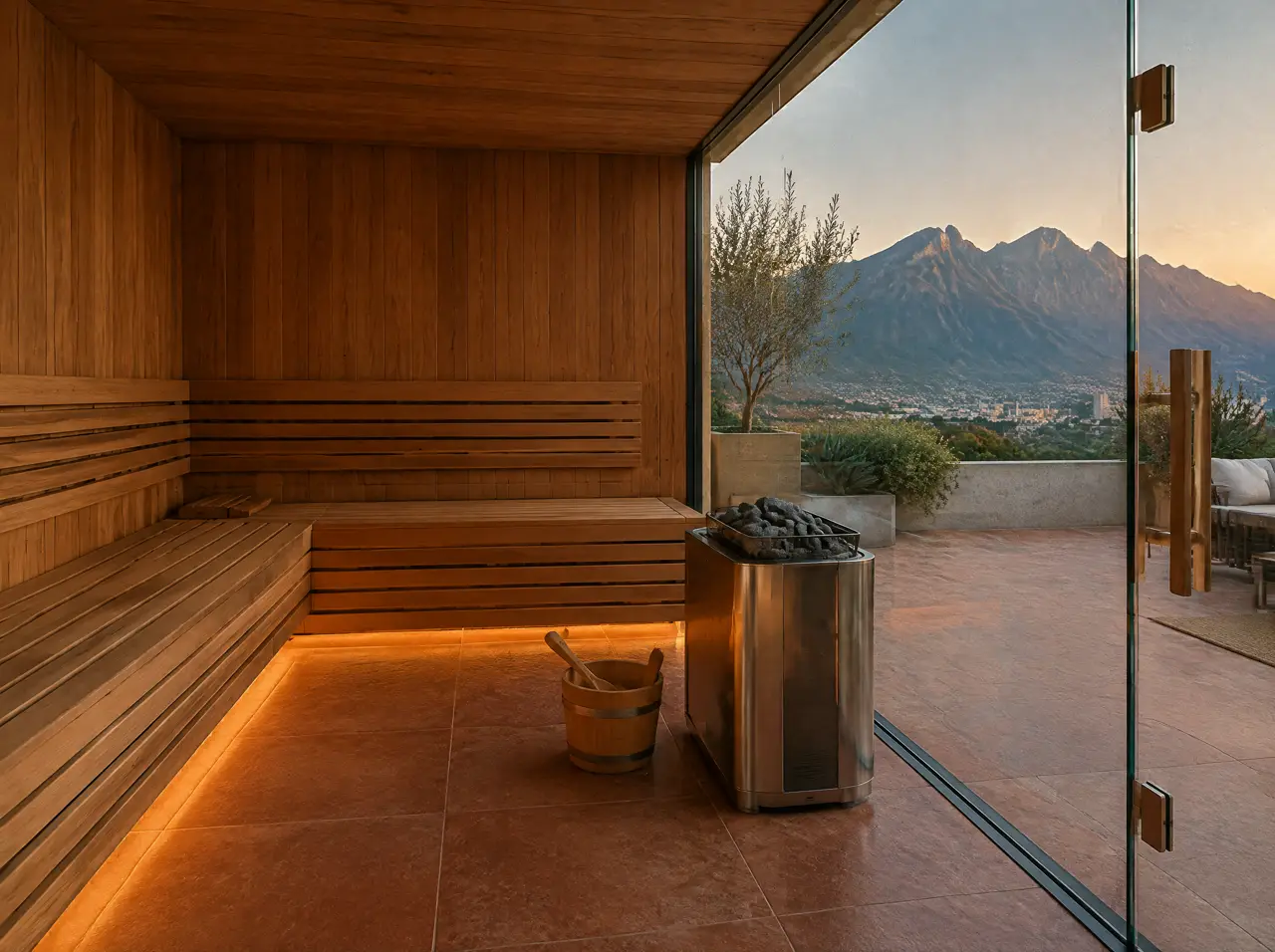 Interior de un sauna a medida con banca en L de madera clara, calentador con piedras, cubo y cucharón, y una pared de vidrio con puerta hacia una terraza con montañas