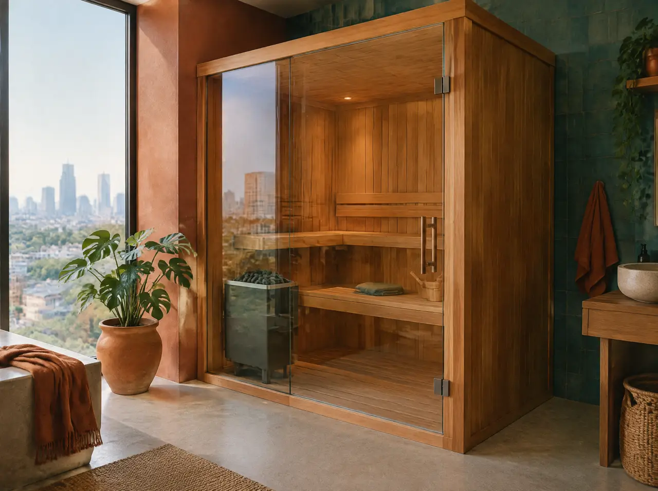 Sauna compacto de dos plazas con frente de vidrio y puerta de vidrio en un cuarto de departamento con vista a la ciudad