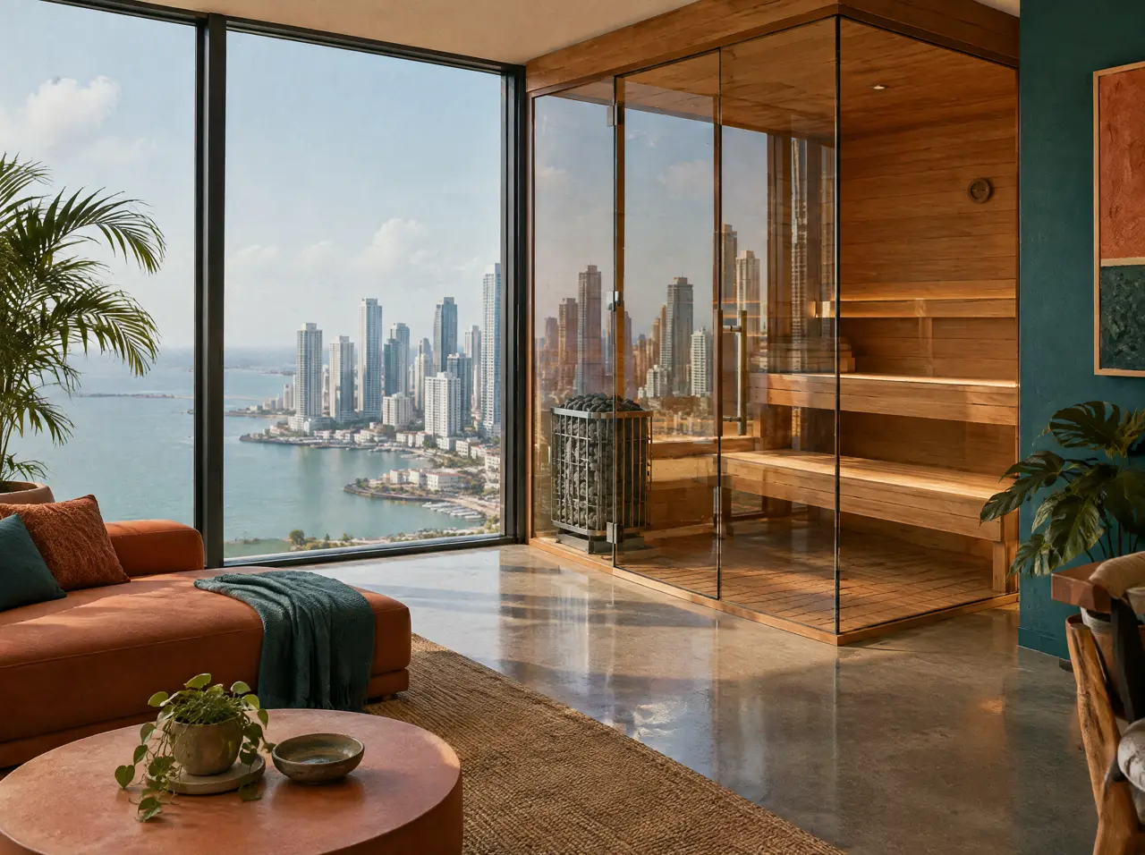 Sauna de frente de vidrio en la esquina del cuarto de terraza de un apartamento de Ciudad de Panamá, con ventanales, banca de madera y calentador con piedras