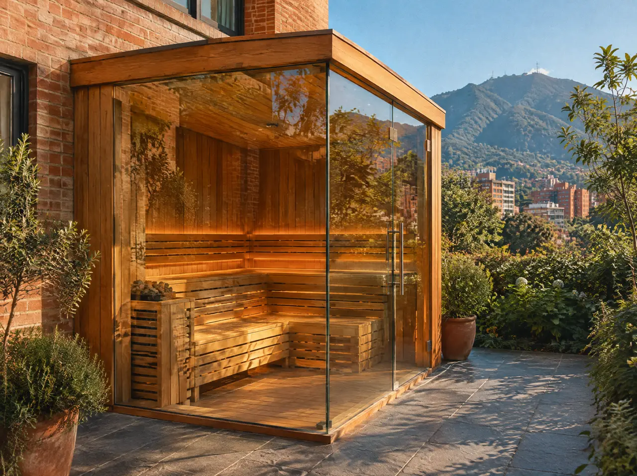 Sauna de madera con dos paredes de vidrio en esquina y puerta de vidrio, en el patio de una casa de ladrillo con cerros verdes al fondo