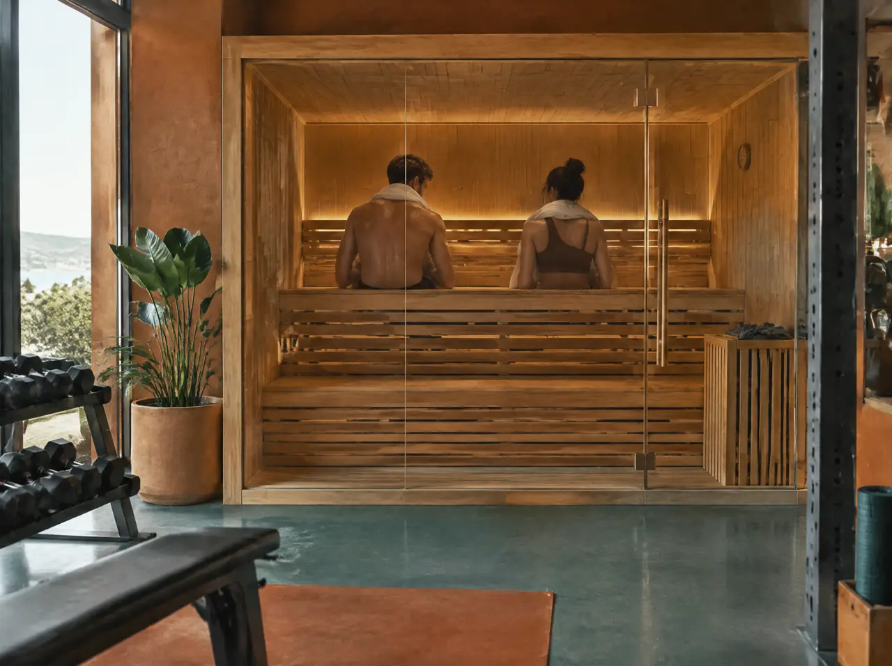 Dos atletas sentados en la banca alta de un sauna de vidrio de seis plazas, vistos desde el piso del gimnasio, de espaldas y con toallas sobre los hombros