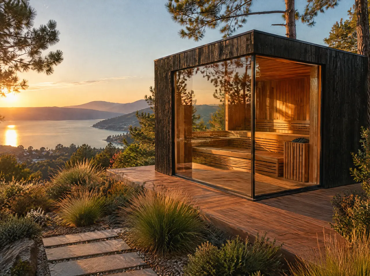 Sauna exterior de techo plano con revestimiento de madera oscura y dos paredes de vidrio en esquina, sobre un deck rodeado de pastos ornamentales y pinos, con un lago al fondo