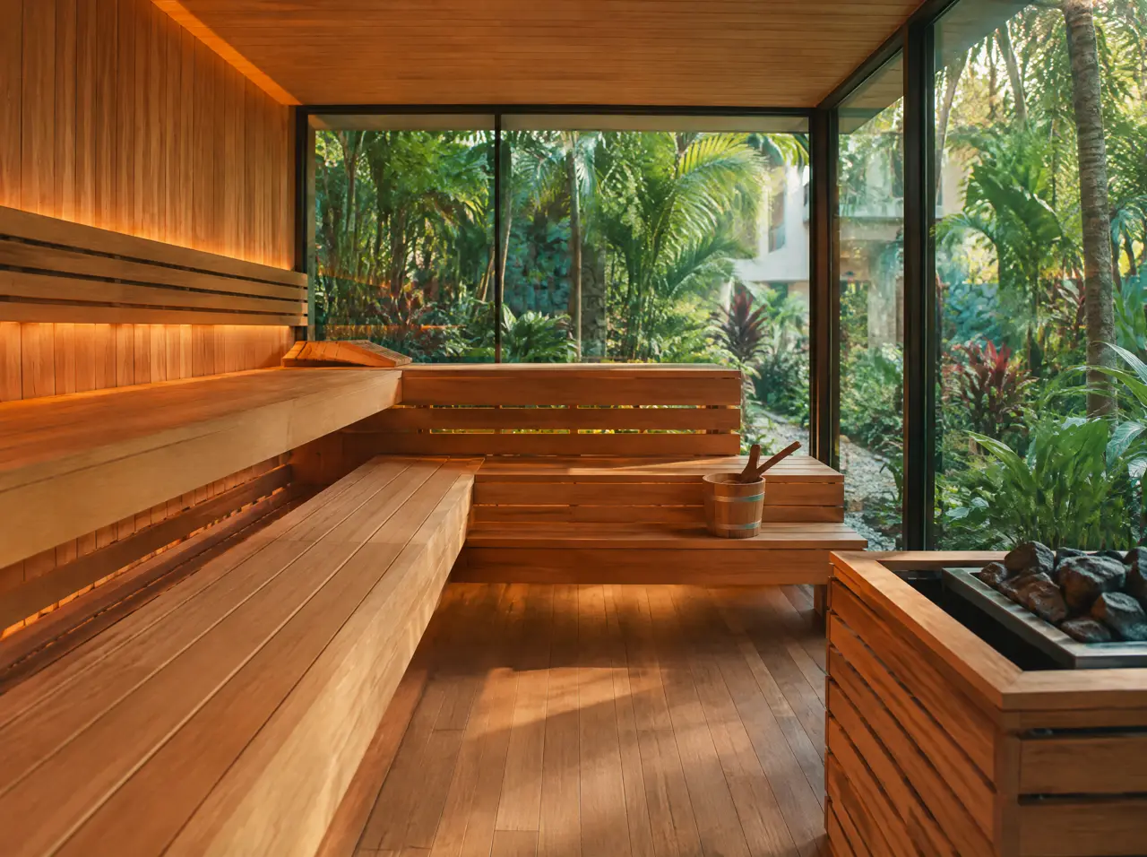 Sauna panorámico de 8 plazas con bancas en dos niveles y vidrio en dos lados hacia un jardín tropical, en el spa de un hotel
