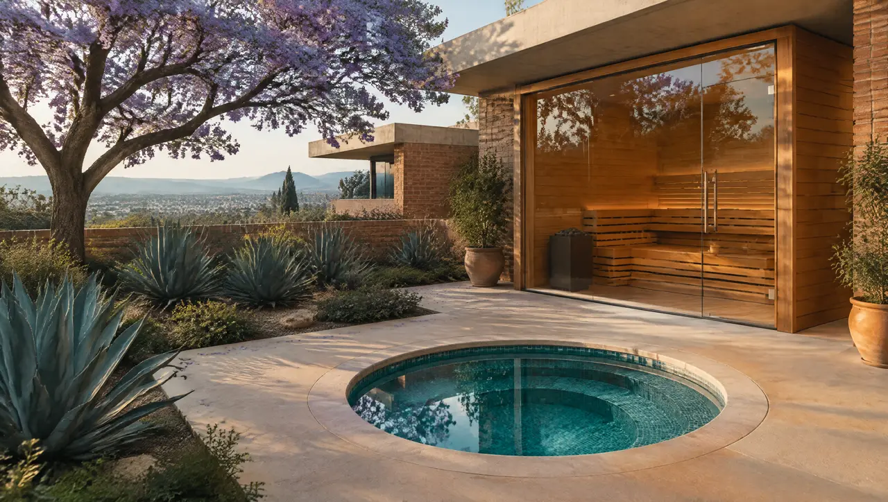Jardín de casa de ladrillo en Zapopan con agaves y una jacaranda en flor: sauna de frente de vidrio y alberca fría redonda de mosaico, con la ciudad al fondo