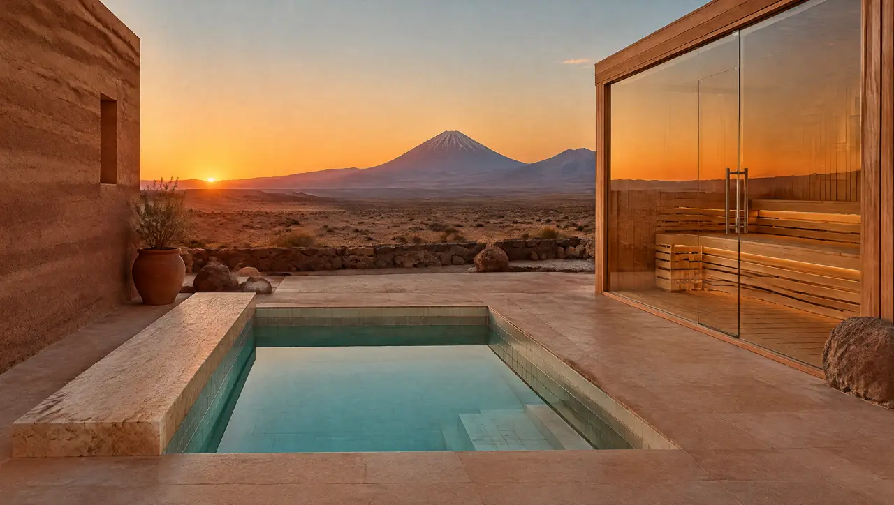 Lodge de adobe en San Pedro de Atacama al atardecer, con piscina fría cuadrada de borde de travertino, sauna de vidrio y el volcán Licancabur en el horizonte