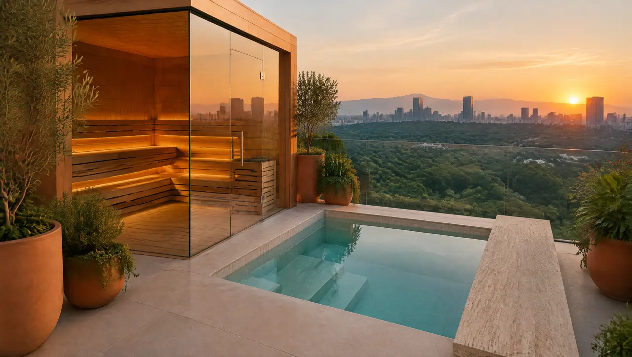 Terraza de un penthouse en Polanco al amanecer, con sauna de vidrio de dos paredes en esquina y una piscina fría cuadrada frente al bosque de Chapultepec