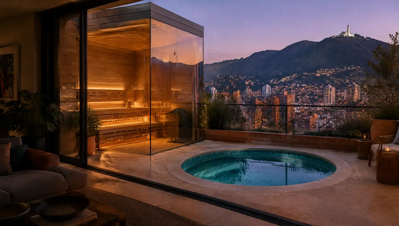 Terraza de un penthouse en Chapinero al anochecer, vista desde la sala: sauna de vidrio encendido, piscina fría redonda y los cerros con Monserrate