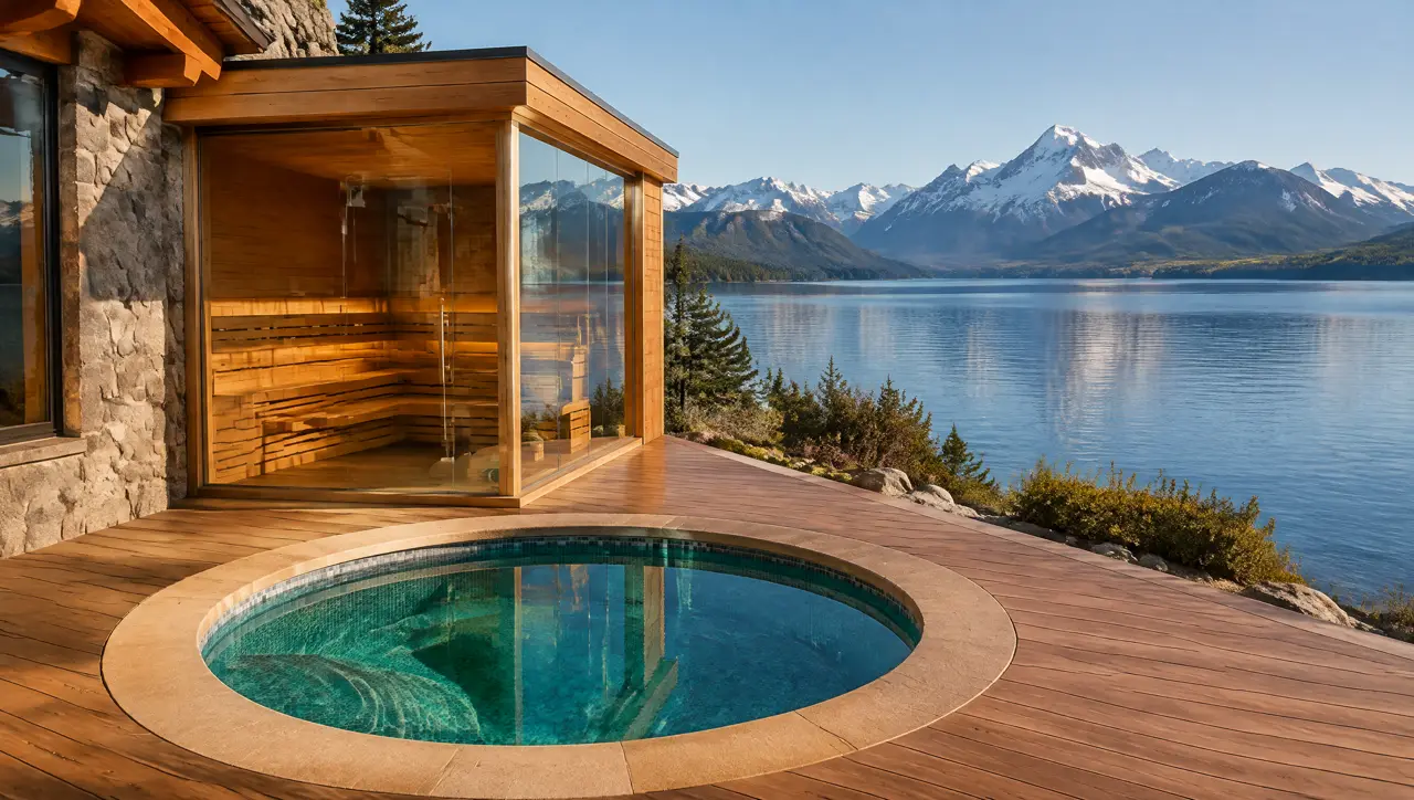 Lodge de piedra y madera a orillas del lago Nahuel Huapi, con sauna de vidrio en esquina y pileta fría redonda sobre un deck, y los Andes nevados al fondo