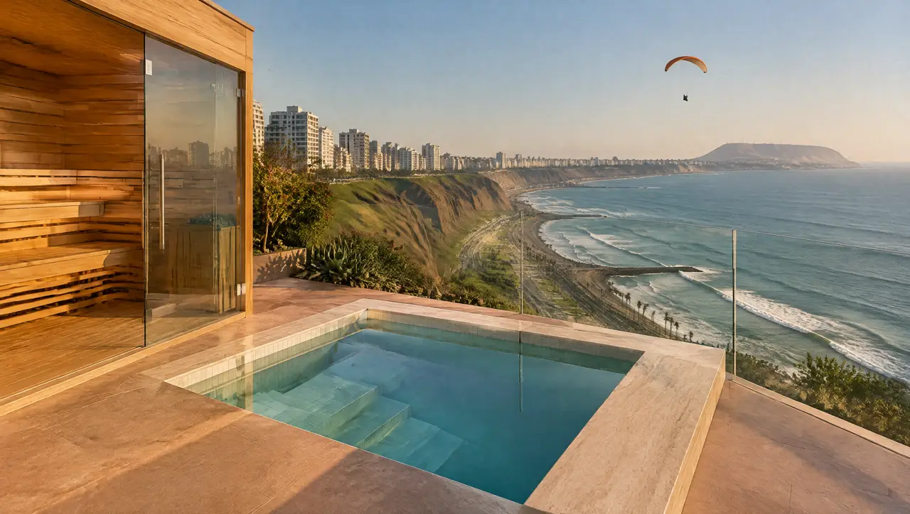 Terraza sobre el acantilado de Miraflores, en Lima, con piscina fría cuadrada junto a un barandal de vidrio, sauna de vidrio y el Pacífico abajo
