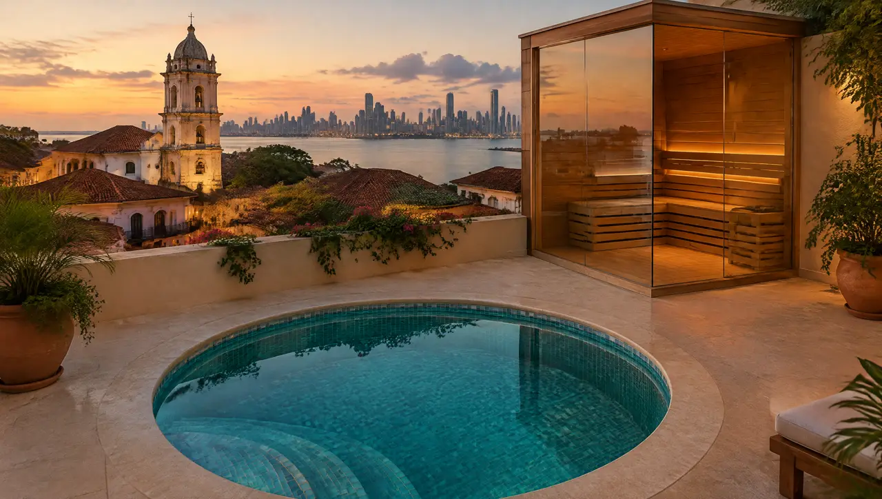 Azotea del Casco Viejo al atardecer, con piscina fría redonda, sauna de vidrio, un campanario colonial y las torres de la ciudad al otro lado de la bahía