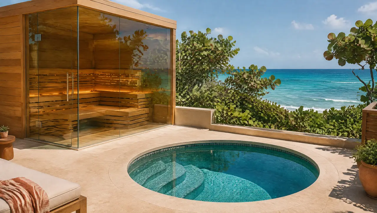 Azotea de un condominio frente al mar en la Riviera Maya: sauna de vidrio en esquina, piscina fría redonda de mosaico, uvas de mar y el Caribe turquesa al fondo