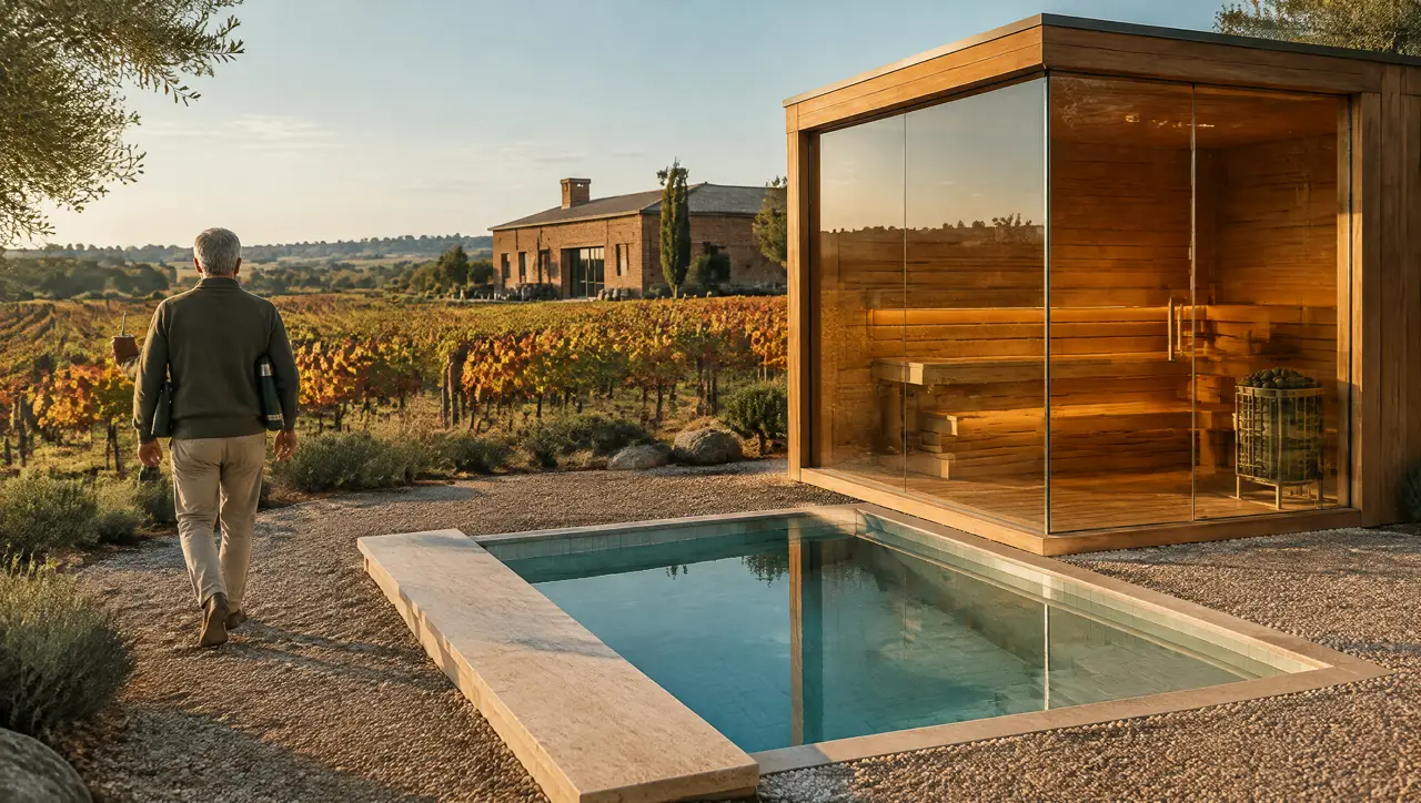 Bodega de ladrillo en Canelones con viñedos de otoño, sauna de vidrio y pileta fría de borde de piedra en una terraza de grava; un hombre camina de espaldas