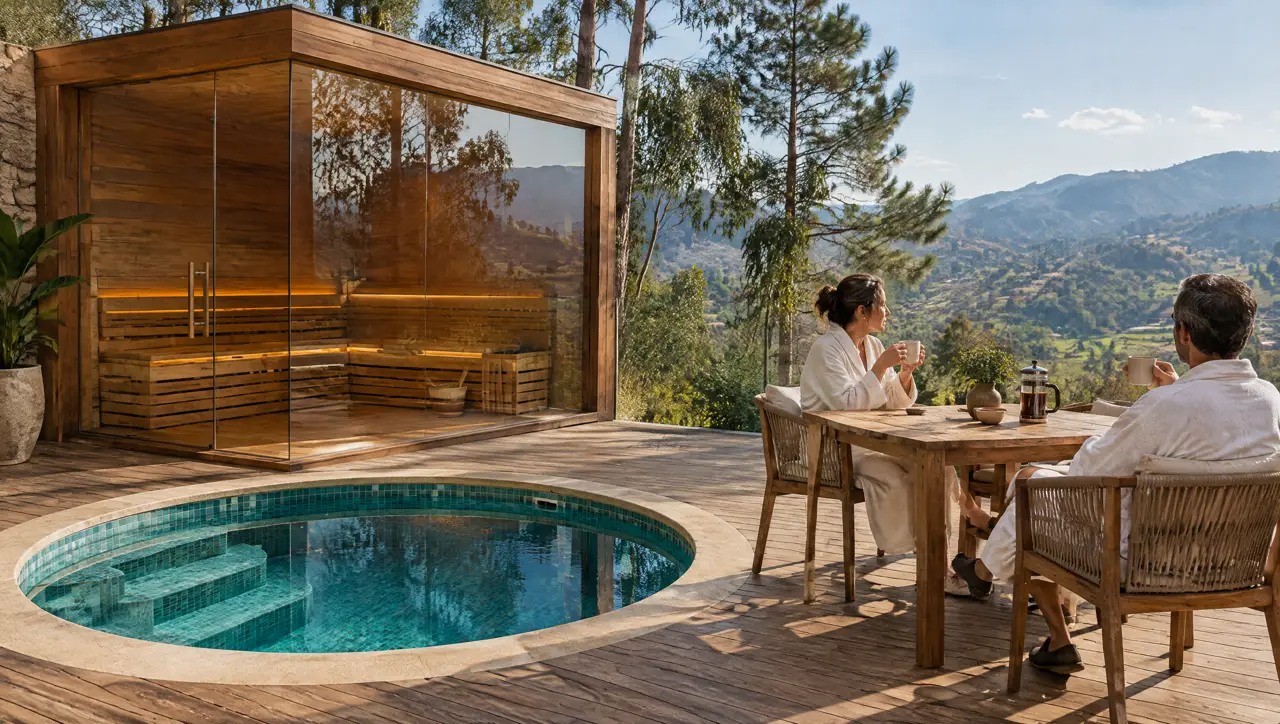 Deck de una casa de campo con sauna de vidrio, piscina fría redonda y una pareja tomando café