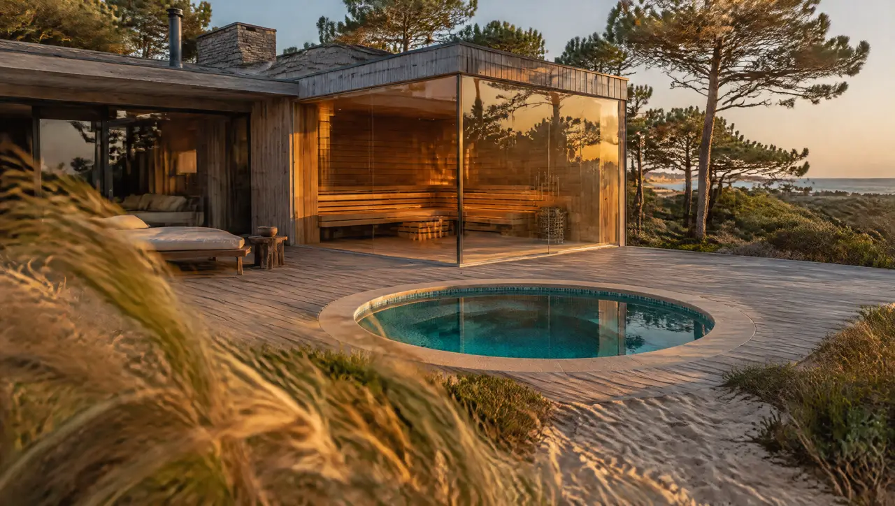 Casa de madera gris entre pinos en La Barra, vista desde un camino de arena, con deck, sauna de vidrio y pileta fría redonda bajo la luz dorada del atardecer