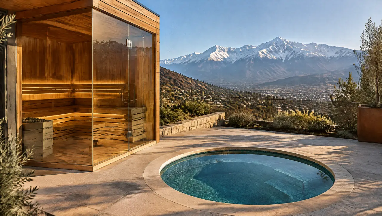 Terraza de una casa en Lo Barnechea con sauna de vidrio en esquina y piscina fría redonda, y la cordillera de los Andes nevada sobre la ciudad